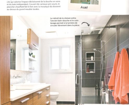Parution FEXA, Déco Réno Salle de bain, deco salle de bain, comptoir quartz, amenagement salle de bain, rangement salle de bain, meuble salle de bain